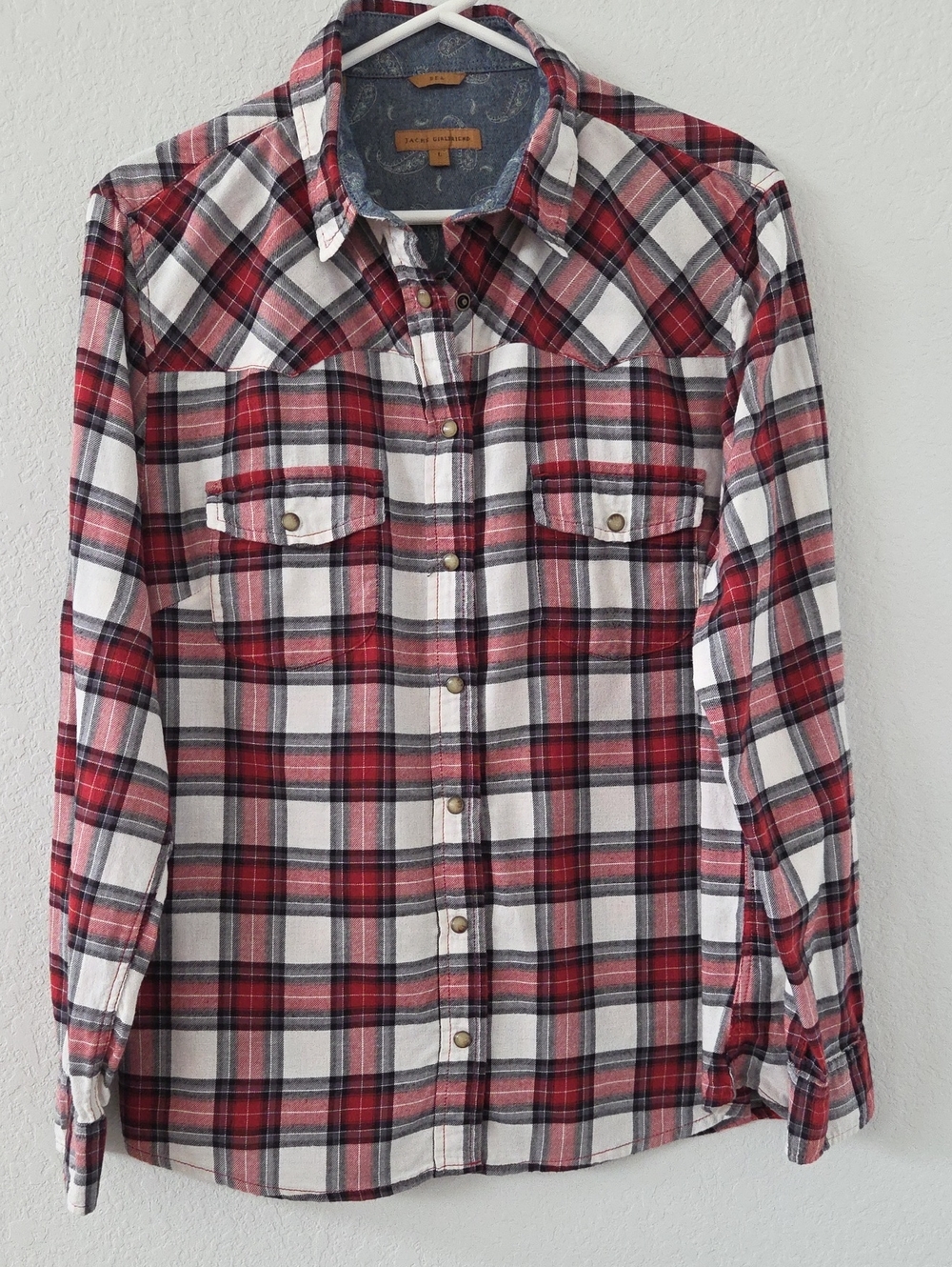 Womens JACHS Girlfriend Red White Plaid Button-Down Snap Shirt Large Yolk Front